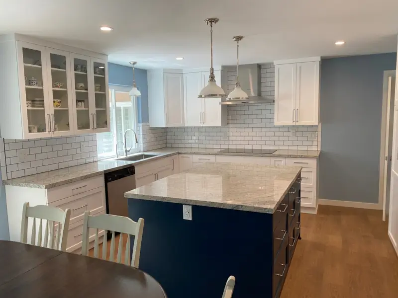 White and blue shaker kitchen